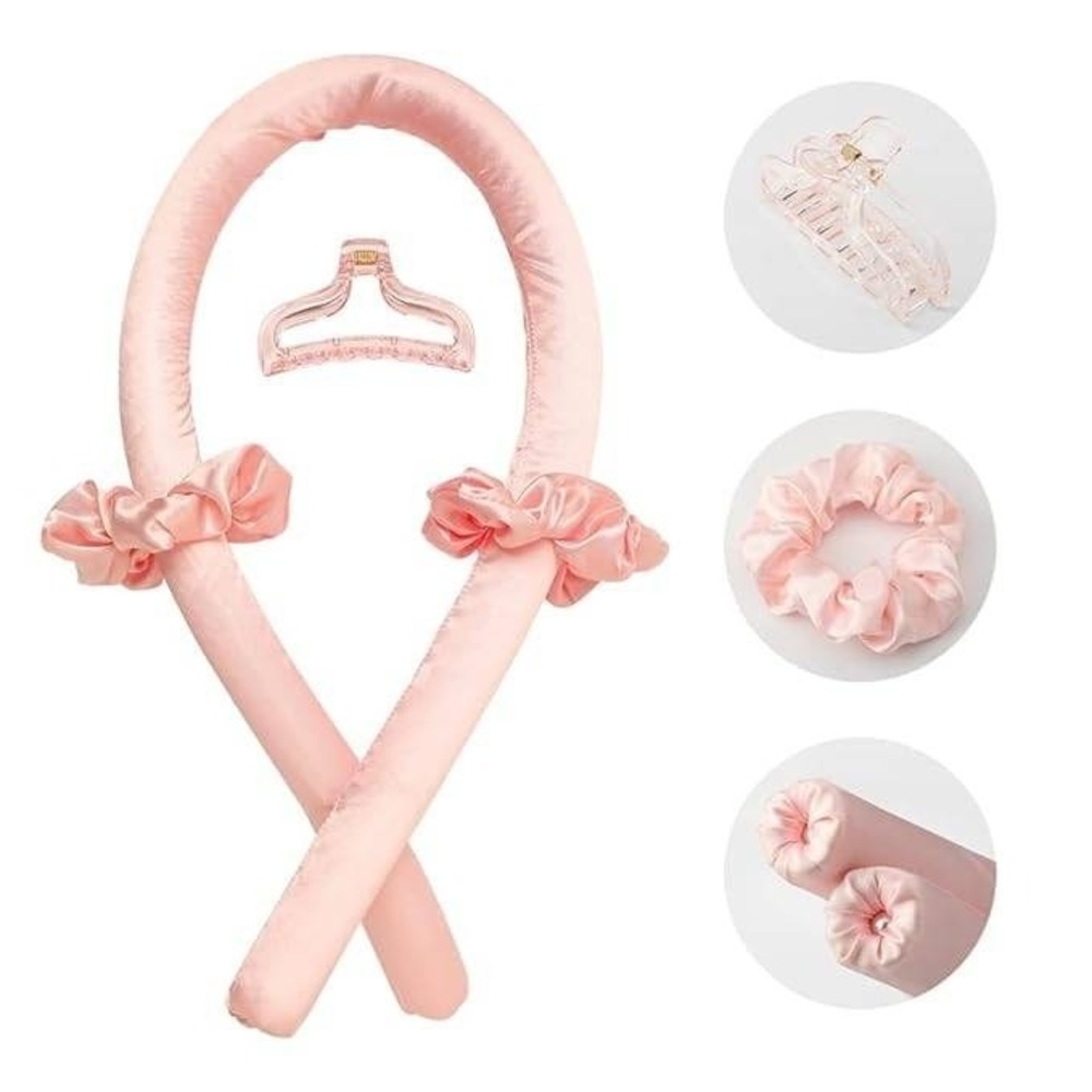 Heatless Hair Curler Set Pink Satin Ribbon Roller Scrunchies & Clip New
